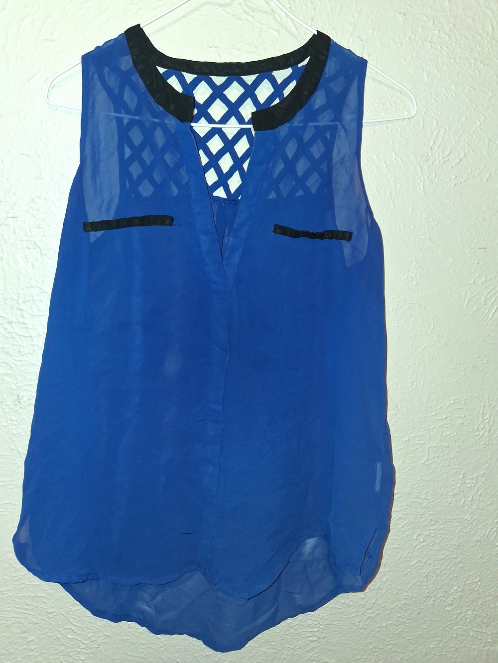 Sleeveless Blue Sheer Lattice-Back Blouse